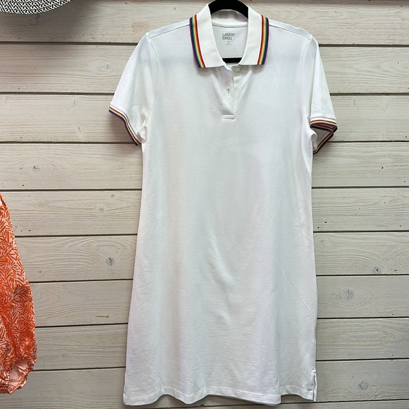 Lands' End Womens SS Mesh Cotton Dress White Rainbow Multi Regular Medium - Picture 3 of 5